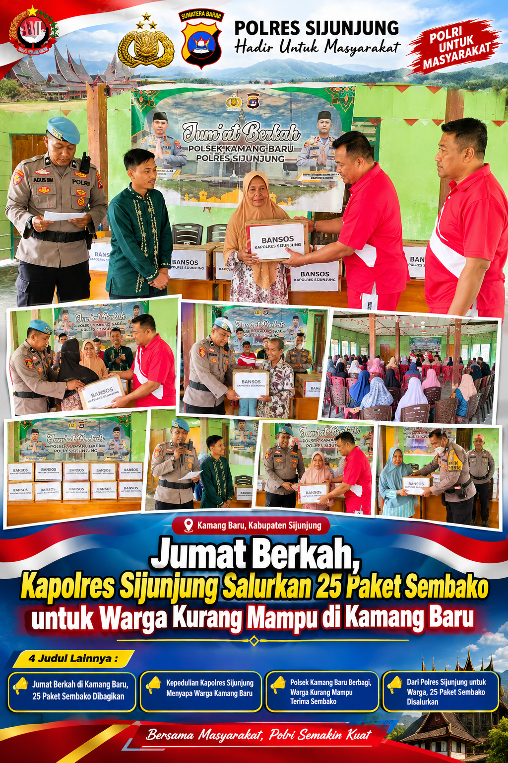 Jumat Berkah, Kapolres Sijunjung Salurkan 25 Paket Sembako untuk Warga Kurang Mampu di Kamang Baru