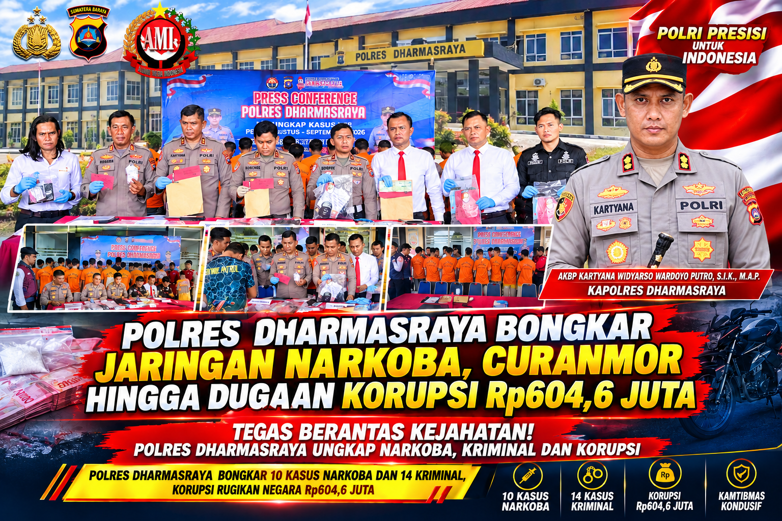 Polres Dharmasraya Bongkar Jaringan Narkoba, Curanmor hingga Dugaan Korupsi Rp604,6 Juta